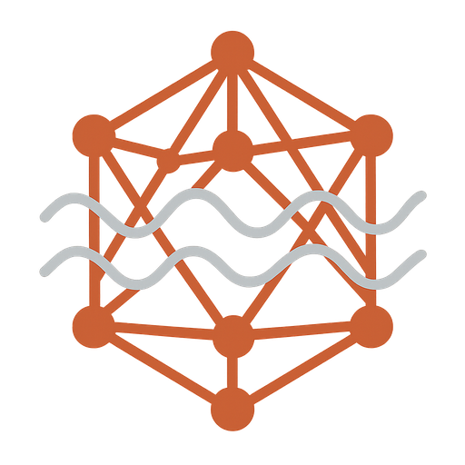 An abstract geometric design featuring interconnected nodes and lines, overlaid with wavy lines, representing data flow or networking.